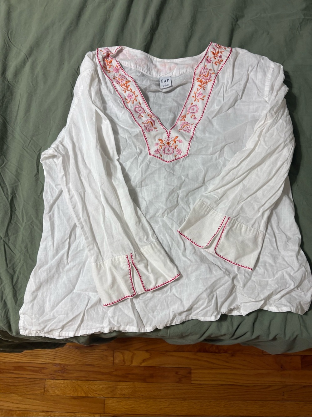 GAP White Peasant Tunic with Pink & Orange Embroidery